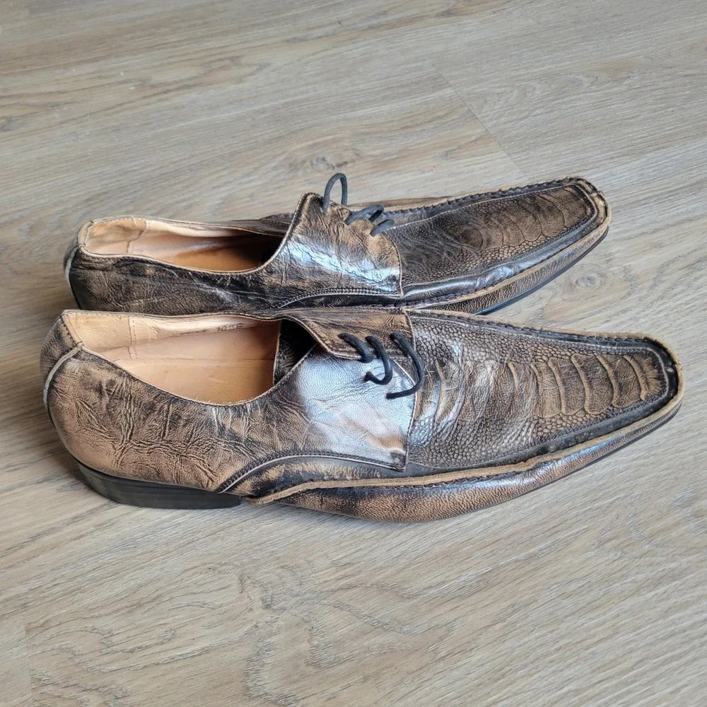 Monteli Mens Oxford Shoes 10.5 E Brown Ostrich Leather Square Toe Avant-Garde